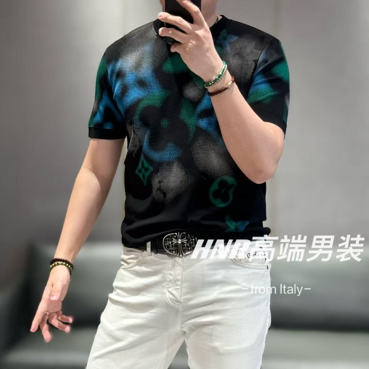 高端伊力特丝迷雾幻彩工艺男士春款弹力T恤56818