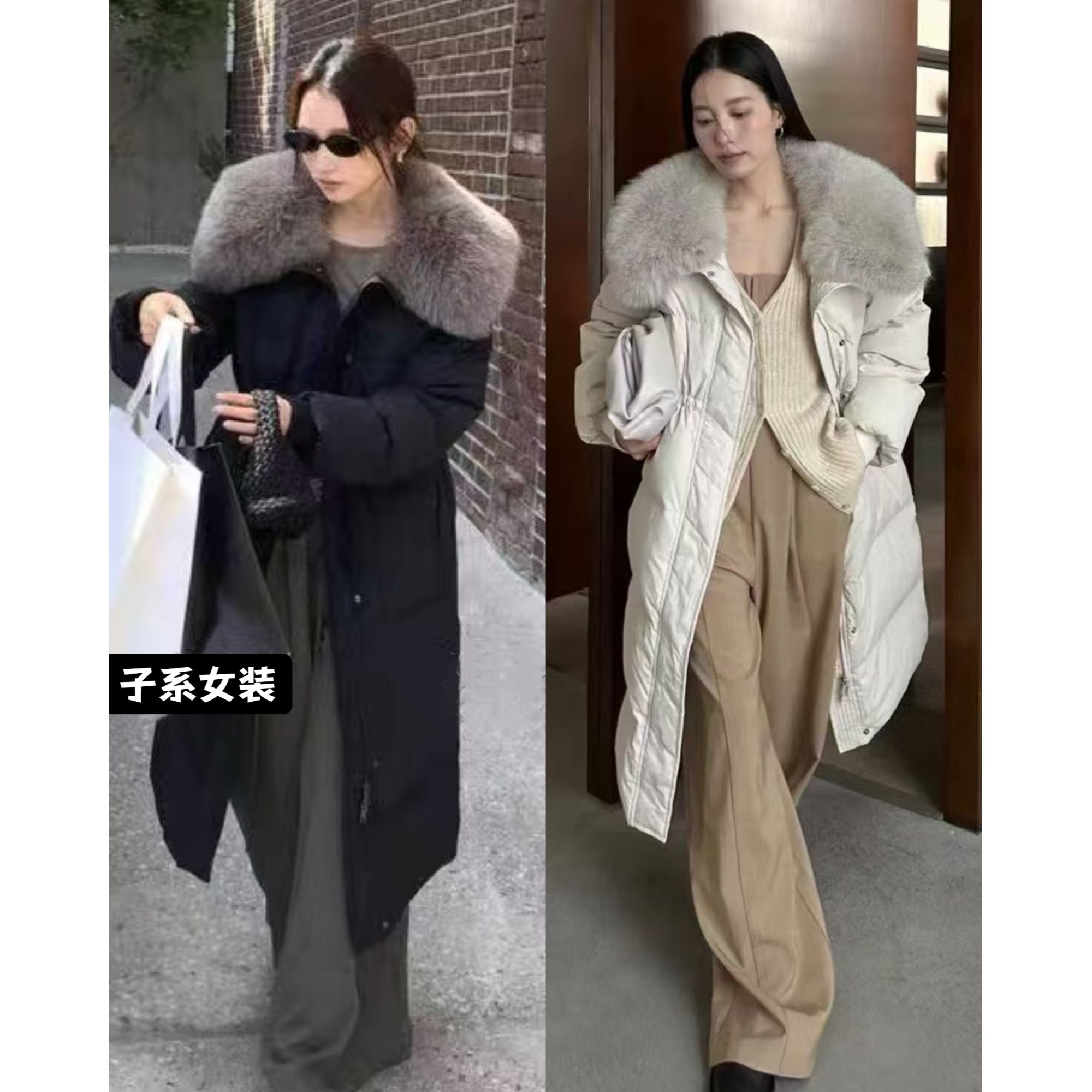 [子系女装]2025狐狸毛领羽绒服女冬季新款收腰显瘦中长款过膝外套