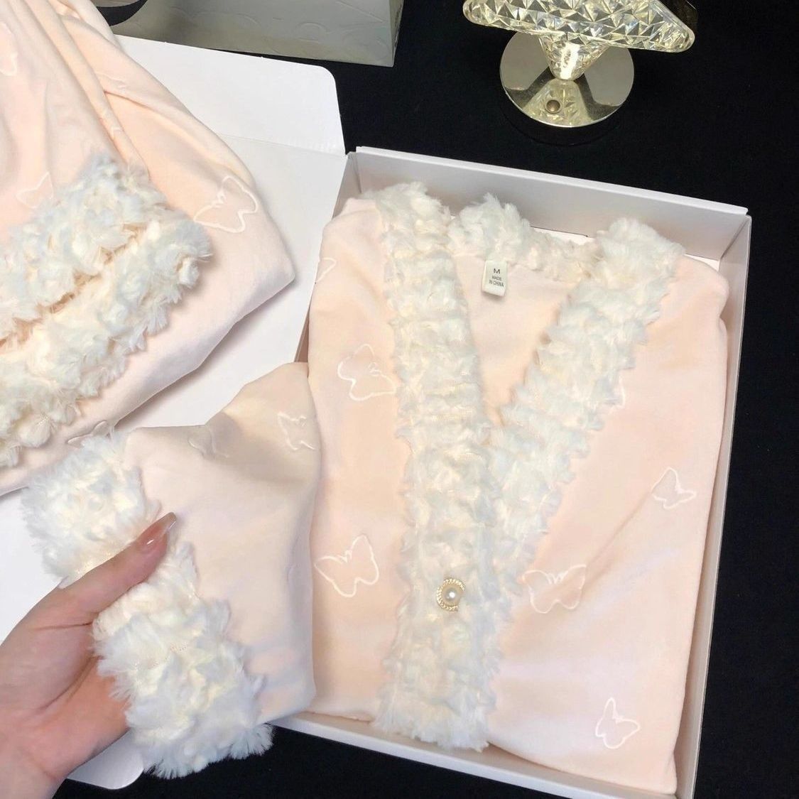 2025新款德绒毛边小香风睡衣女秋冬加厚保暖家居服套装可外穿