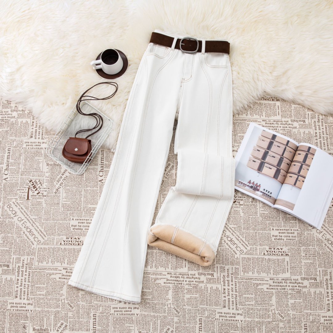 单裤/加绒白色高腰阔腿牛仔裤女弹力宽松显瘦垂感百搭加厚裤2211