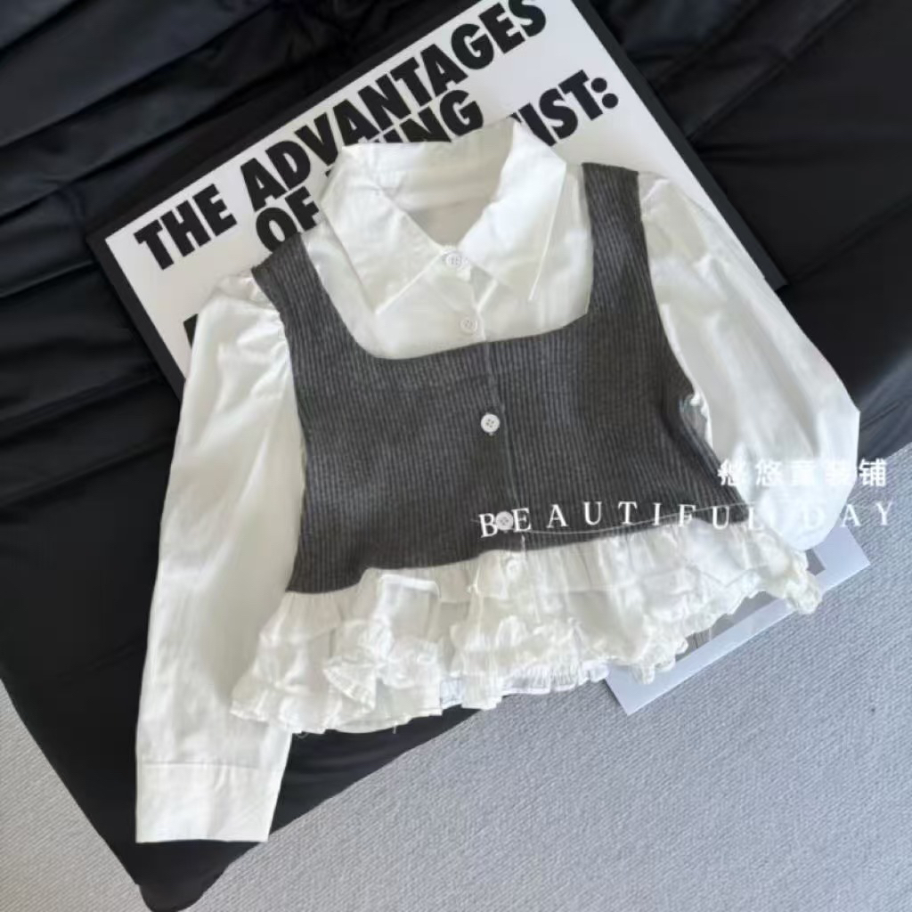 【现货】女童假两件上衣拼色开扣拼接常规韩版女童长袖秋季春秋