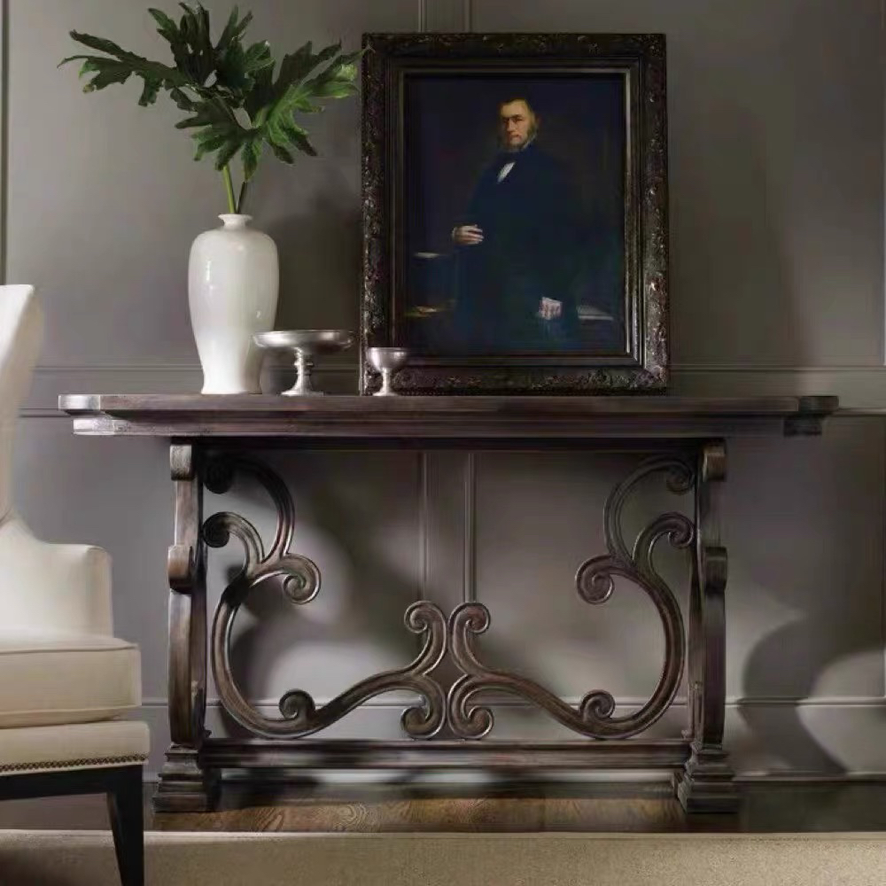 美式乡村实木复古玄关桌门厅玄关台法式仿古雕花装饰桌入户边柜