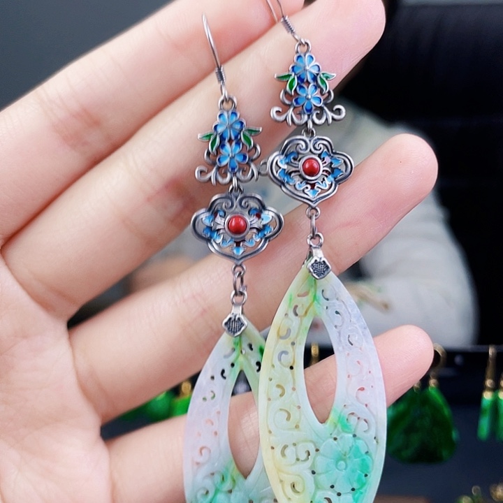 翡翠耳饰银S925镶嵌饰品