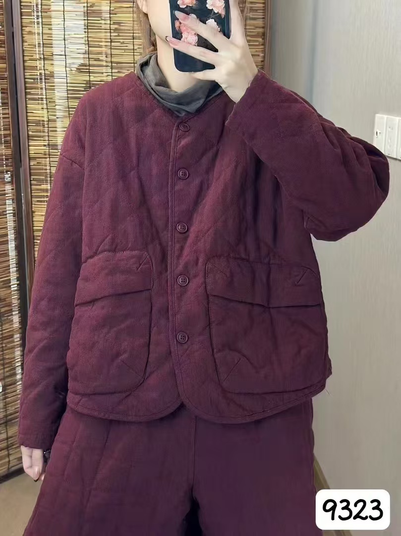 冬款砂洗汉麻菱格大口袋棉服简约保暖9323