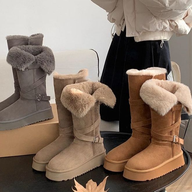 漫城皑雪~厚底高筒两穿雪地靴韩系环绕扣中长筒棉鞋加厚保暖棉靴