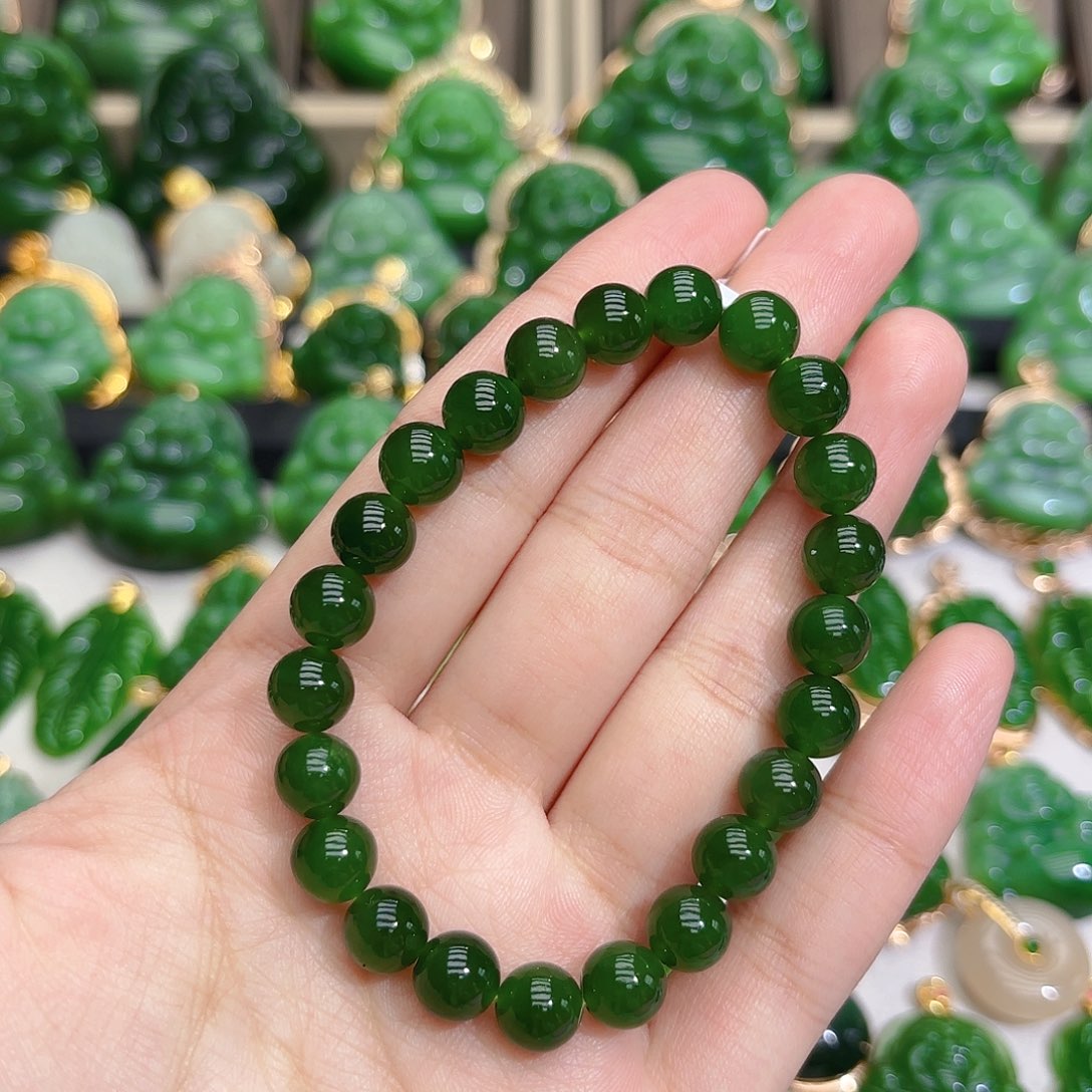 和田玉（碧玉）手串未镶嵌8m菠菜绿单圈