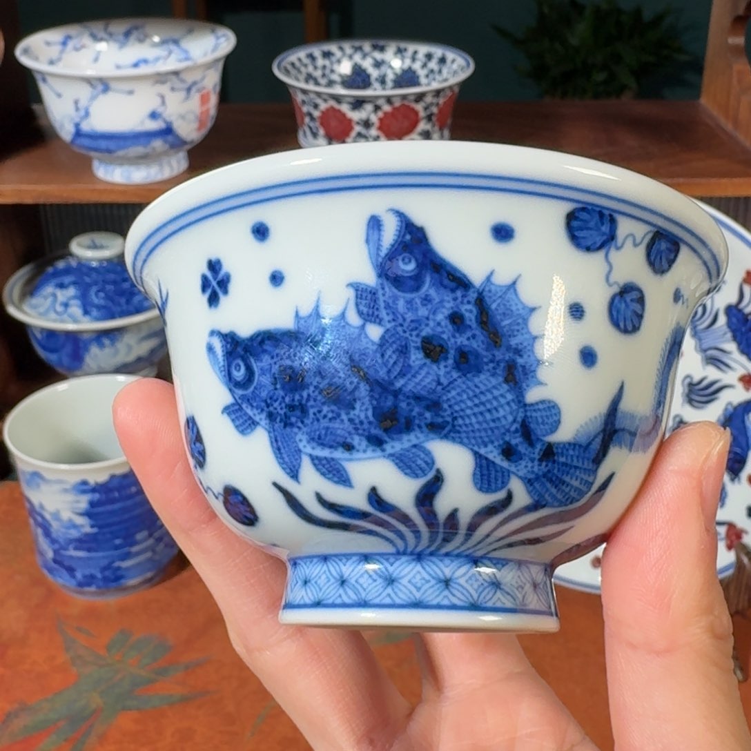 杯刘建锋窑鱼藻纹压手杯