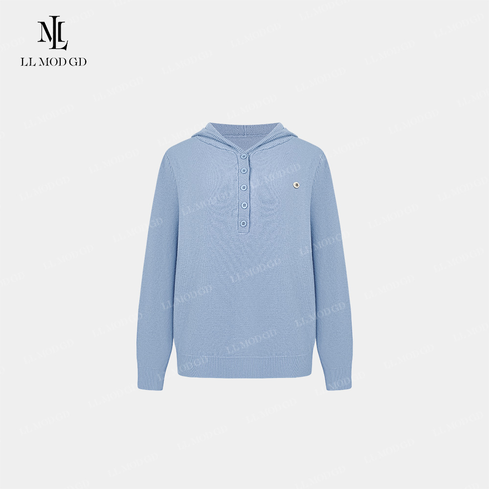 一帽温暖 百搭时尚连帽针织半扣设计羊毛外套 LL-6200028（浅兰）