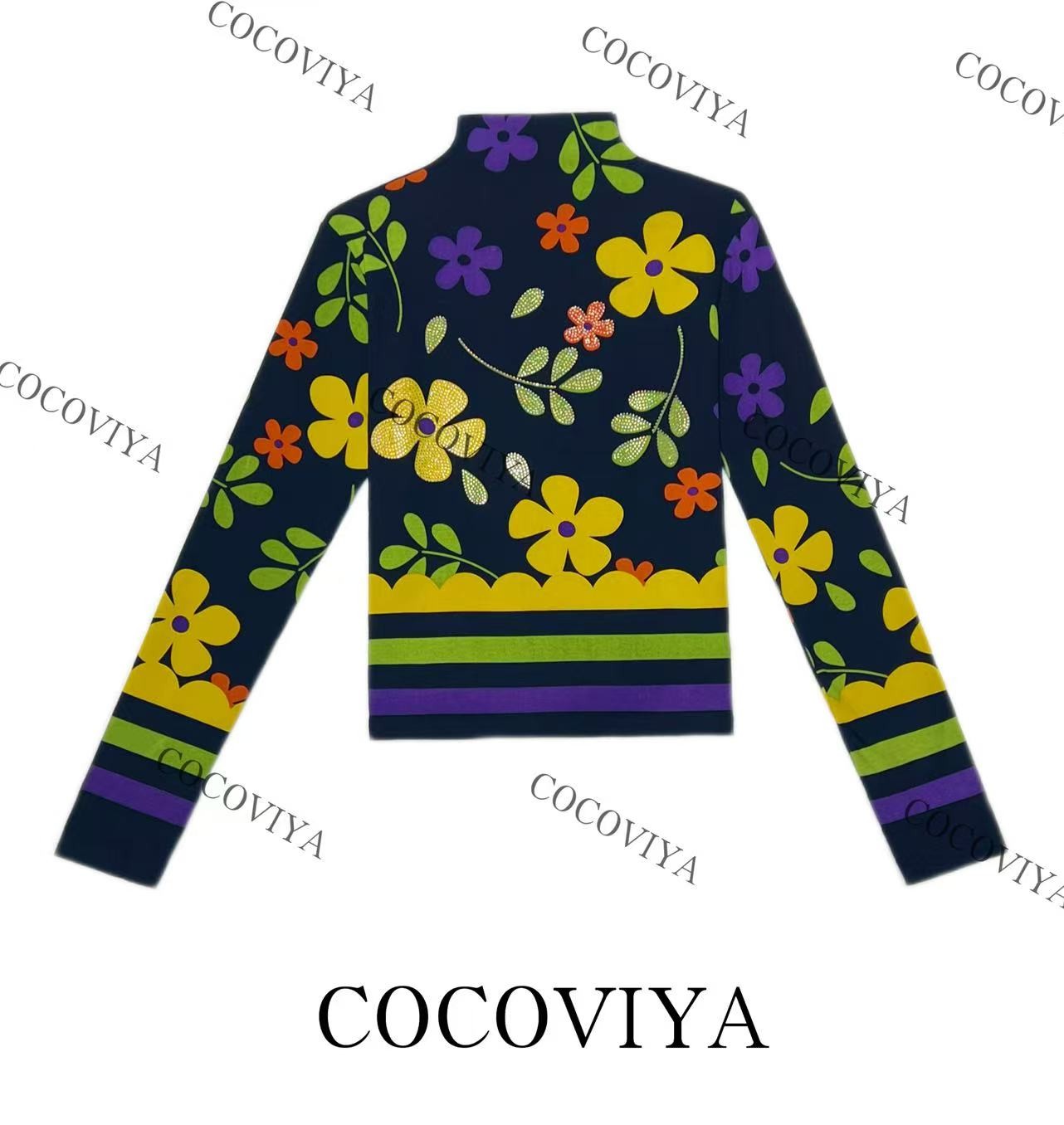 【CC】COCOVIYA彩色花卉针复古田园风撞色条纹加绒长袖上衣26C-569