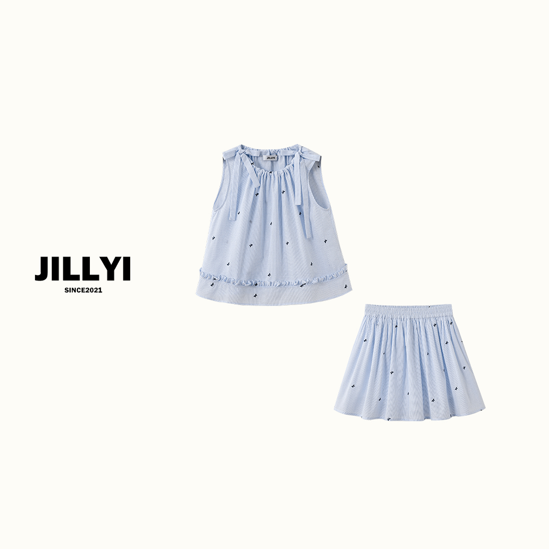 jillyi【蝴蝶套装】蓝色细条纹小蝴蝶结衬衫+蓝色细条纹半裙套装