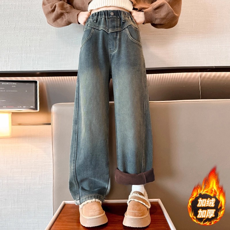 女童加绒牛仔裤冬装2025新款女大童加厚一体绒直筒裤儿童冬季裤子