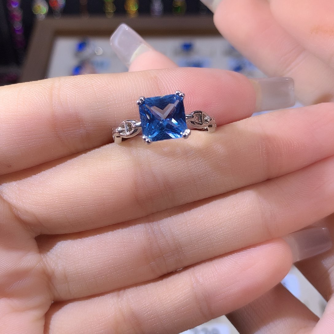 银S925镶嵌戒圈海蓝宝石白8