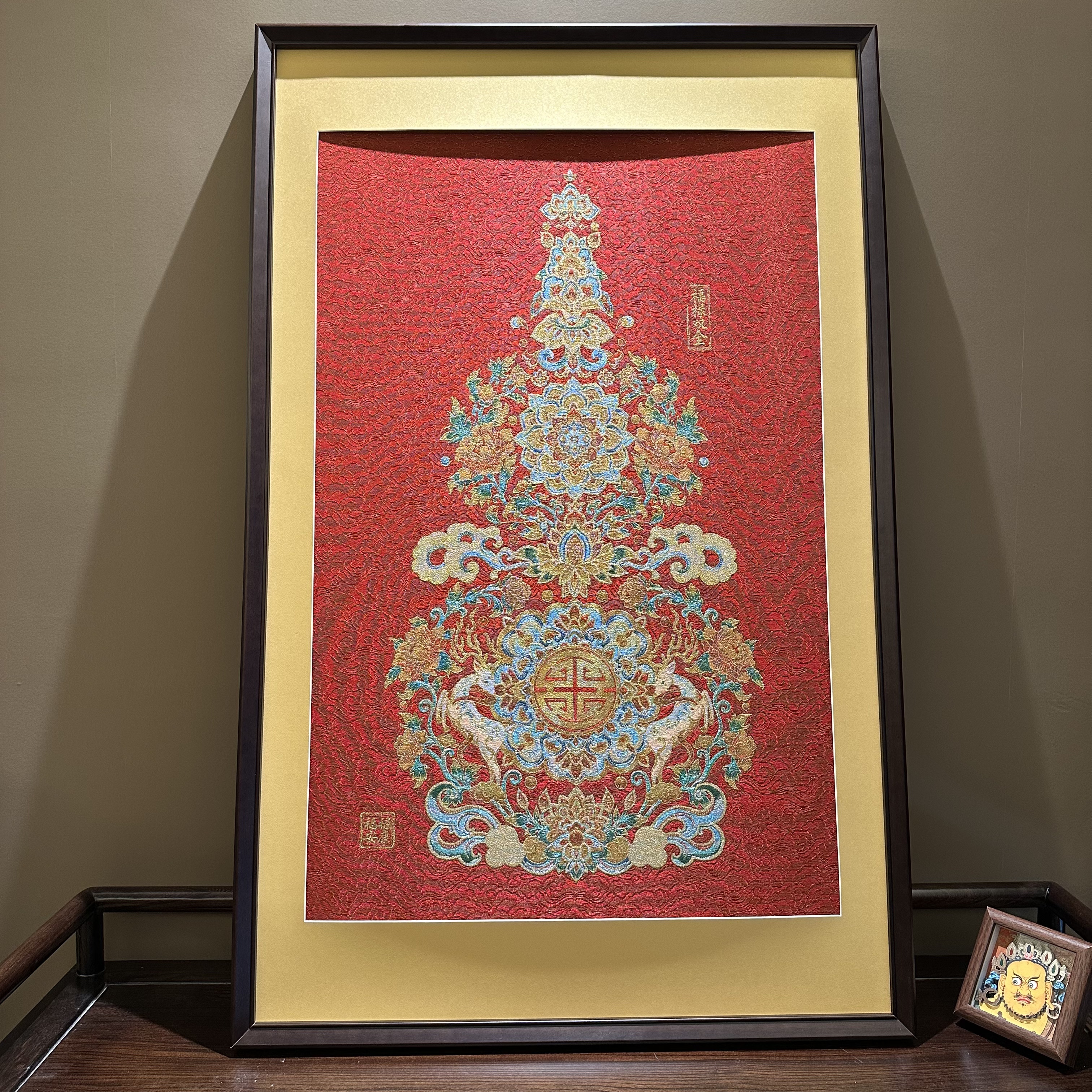 刺绣【福禄双全】葫芦福禄挂画实木装裱办公室玄关茶室客厅装饰画