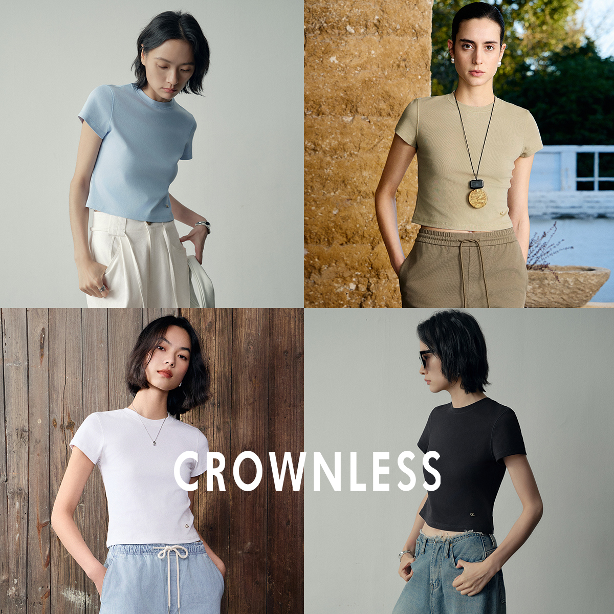 CROWNLESS未冕2025夏新品logo装饰标亲肤精梳棉混纺圆领短袖T恤女