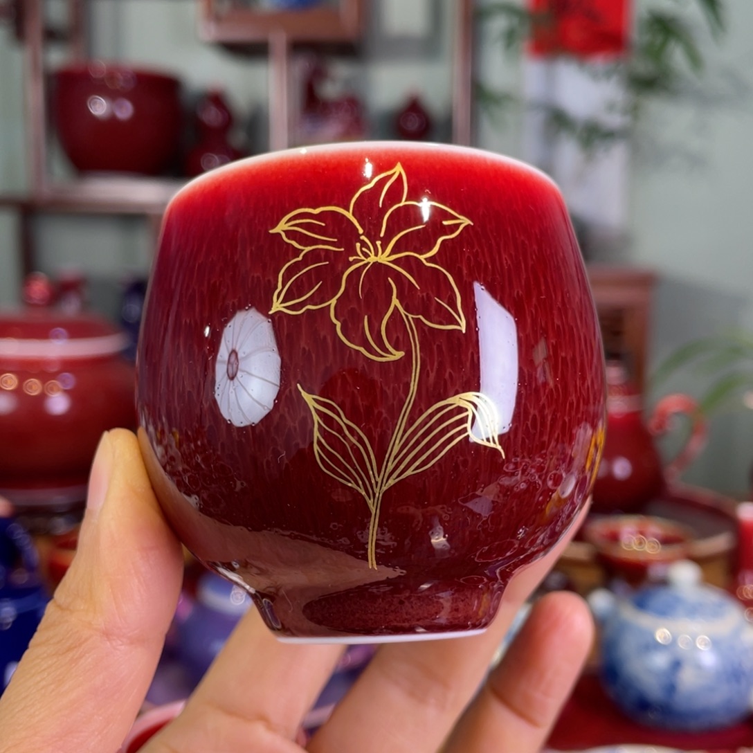 清欢雅玩原矿郎红描金龙蛋杯