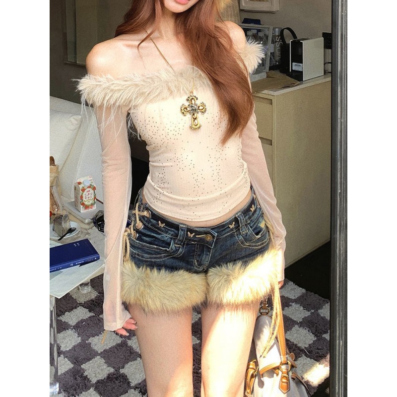 美式复古辣妹毛毛拼接牛仔裤女秋冬新款设计感小众低腰短裤热裤子