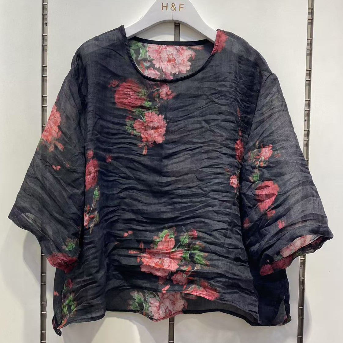 春夏装新款100织苎麻国风品质宽松大码印花圆领七分袖上衣套头衫