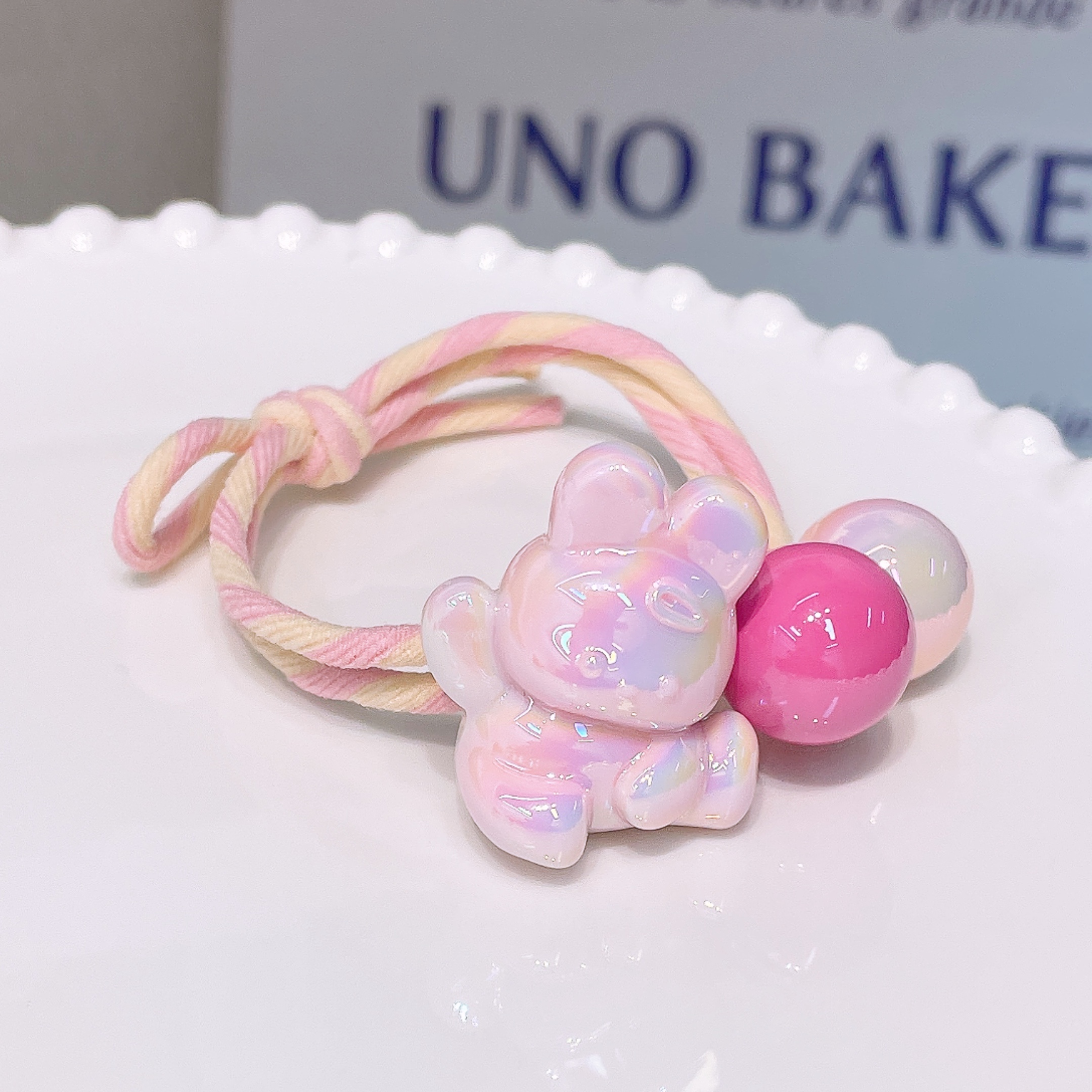 A-6597  1个粉色兔子球球卡通百搭不伤发耐用打结头绳       发圈