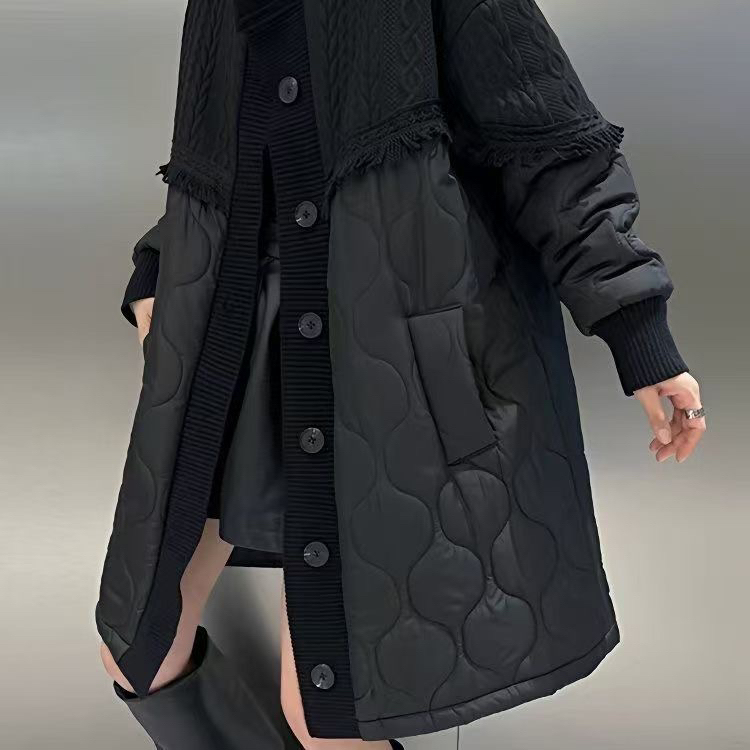 加大码女装拼接麻花纹肩中长款棉服外套胖MM冬季款显瘦流苏大衣