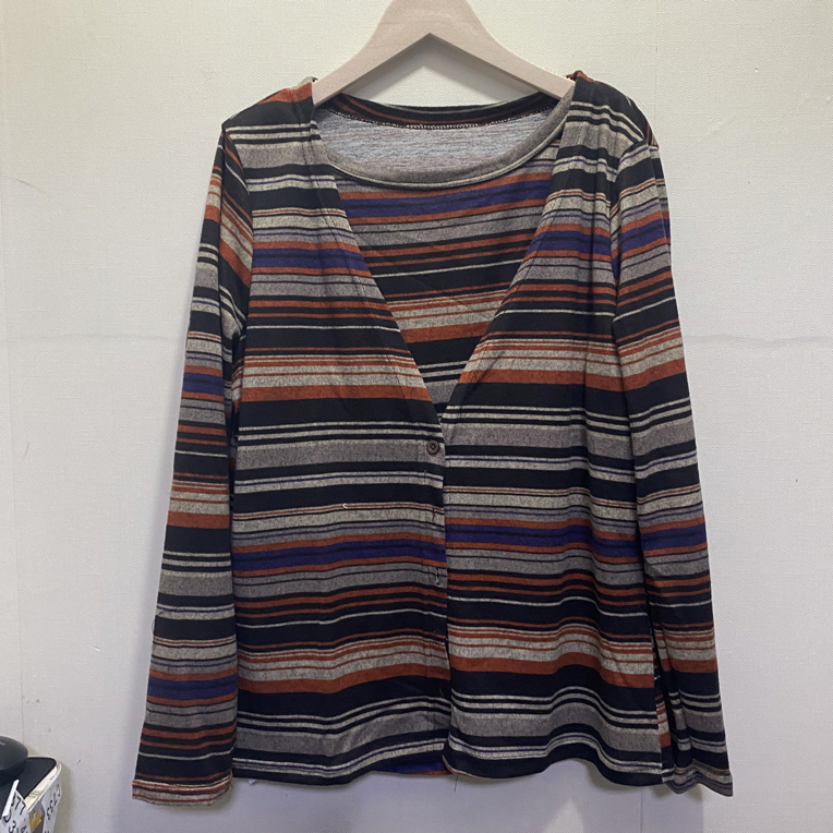 25089秋季新款韩版圆领条纹长袖T恤女休闲百搭背心两件套开衫上衣