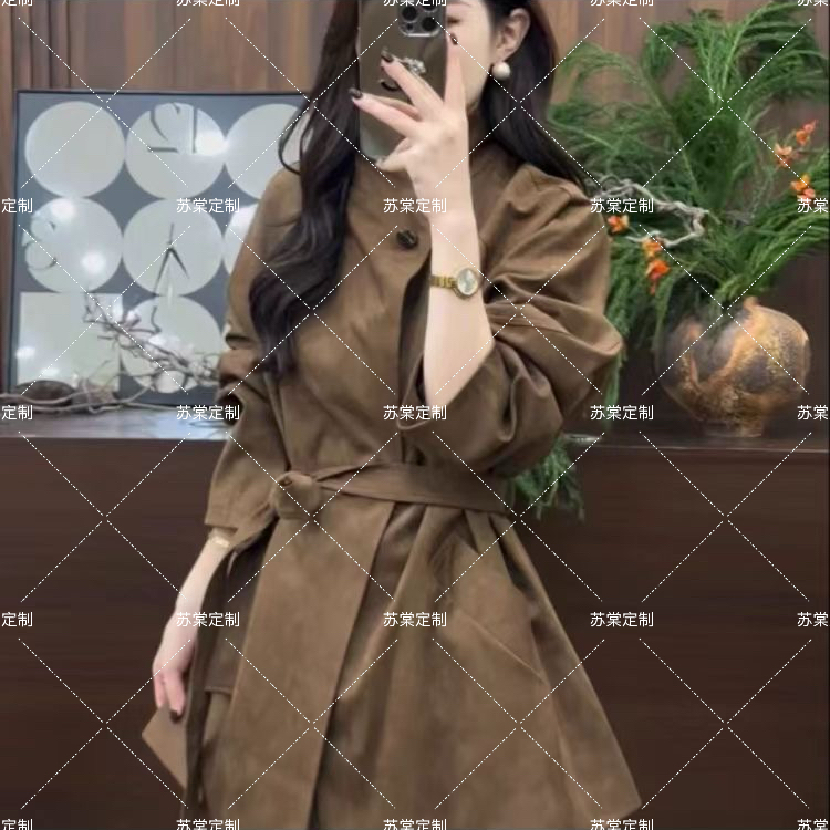苏棠专属-复古翻领法式风衣收腰百搭欧美风长袖显瘦麂皮绒轻奢