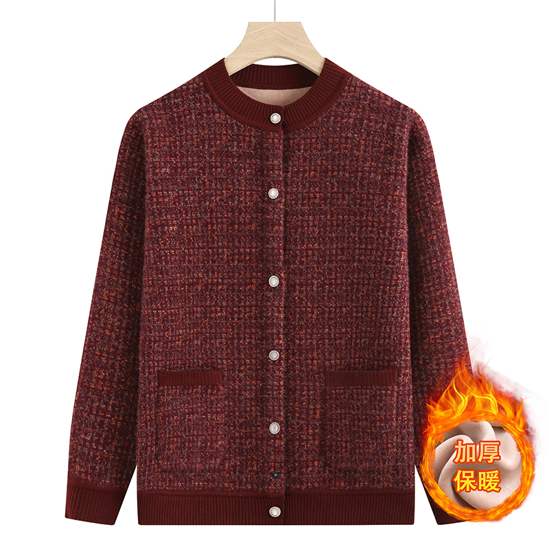 2841款中老年妈妈装毛衣开衫秋冬一体绒时尚纽扣外套气质女士上衣