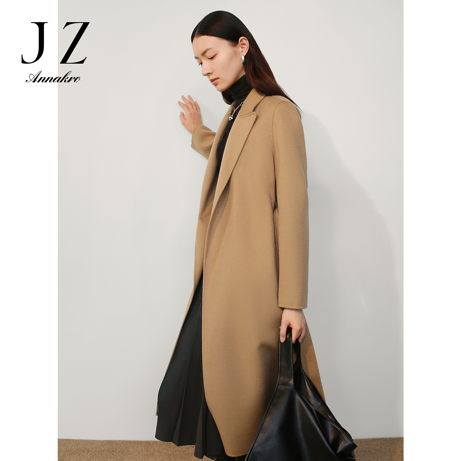 【丽公主专属】玖姿安娜蔻JTDD72130系带收腰驳领双面呢长大衣女热