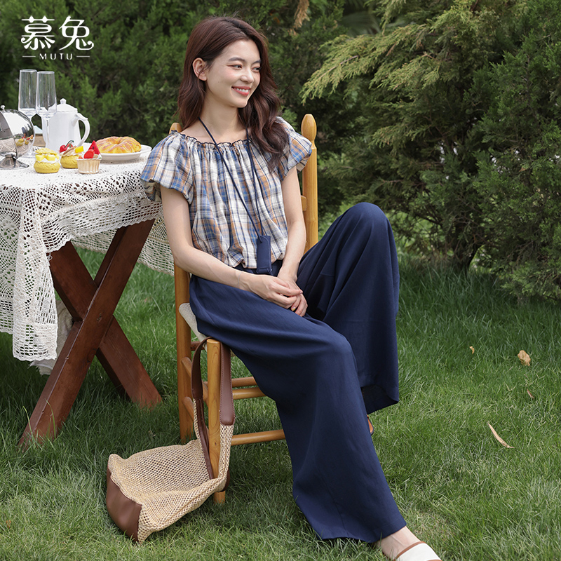 《珊珊专属》复古格子衬衫显瘦阔腿裤两件套高级感时尚套装TU27059