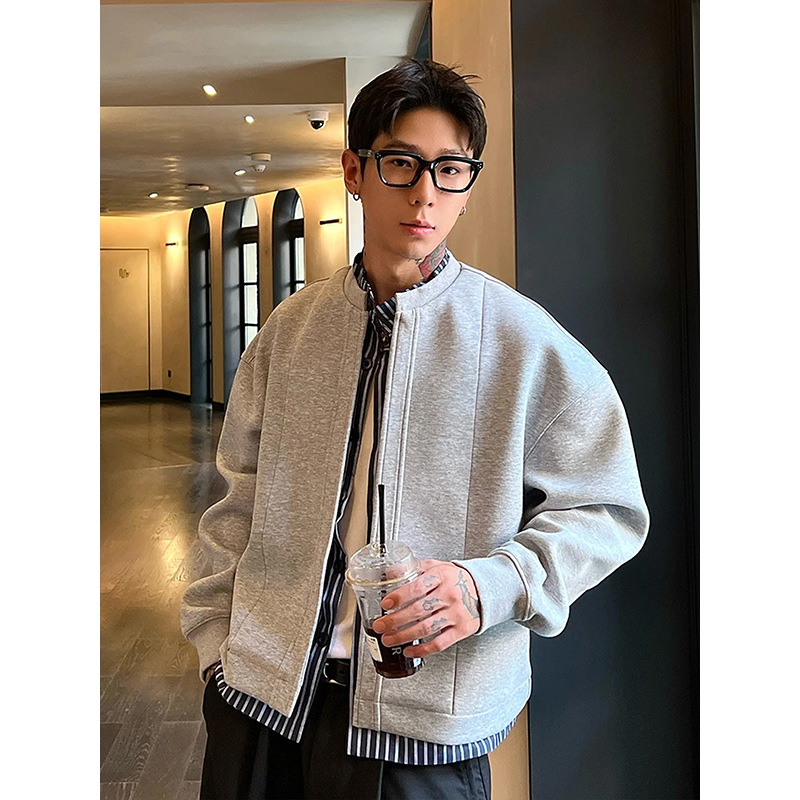 美式复古假两件开衫卫衣男款秋季高级感立领夹克cleanfit短款外套