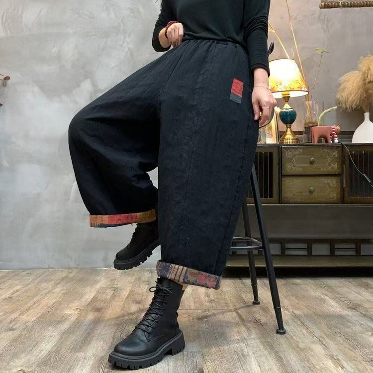 加厚款阔版萝卜裤女2025新款麻料九分保暖显瘦洋气直筒棉裤子