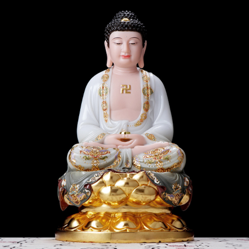厂家直供圆通佛具汉白玉金玉珐琅彩镶金释伽牟尼佛祖像批发家居摆