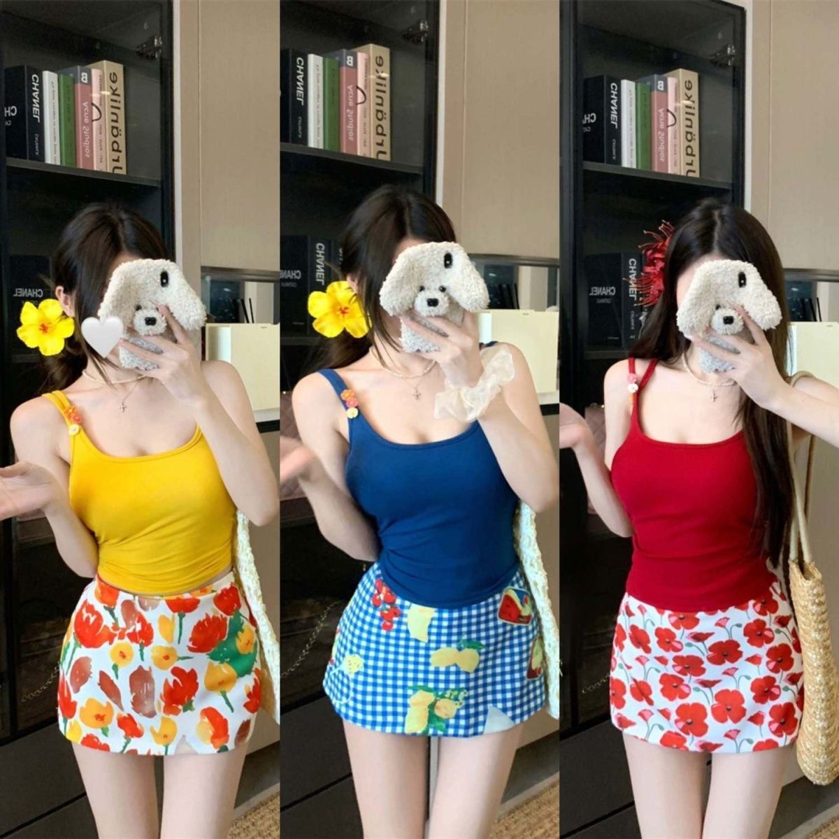 海边穿搭套装游泳衣女夏季高腰印花分体包臀裙三件套多巴胺25062