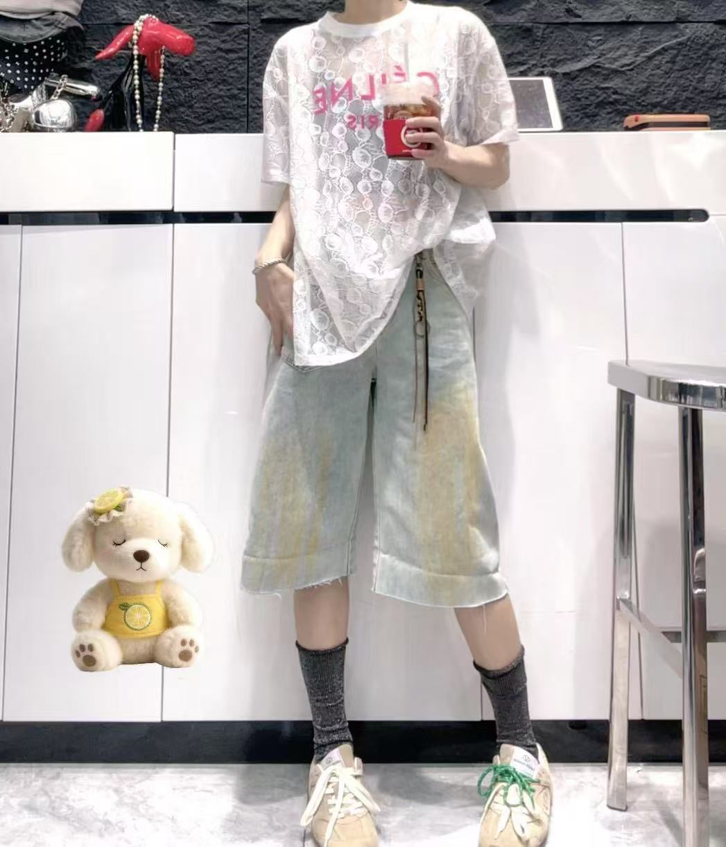 LY(扣号下单备注编码发货）复古做旧高腰阔腿七分牛仔中裤