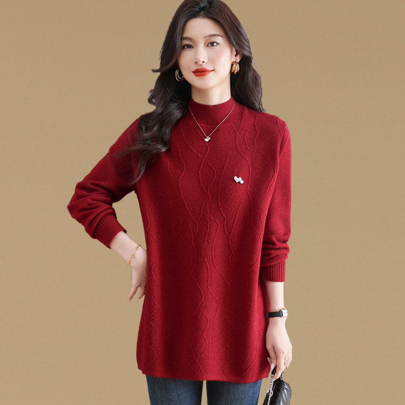 高级感气质大码半高领中长款毛衣女套头秋冬宽松洋气针织打底衫厚