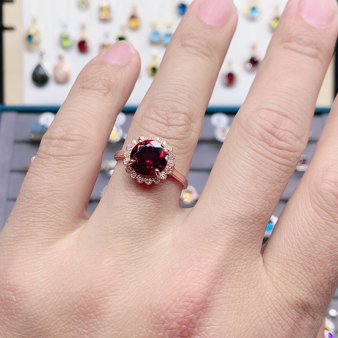 石榴石戒指银S925镶嵌石榴石戒指