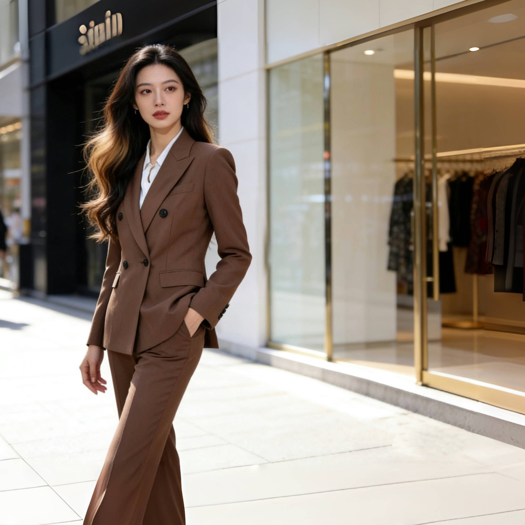 大气场职业正装新款西装套装裤女西装微喇裤可可棕气质通勤女神范