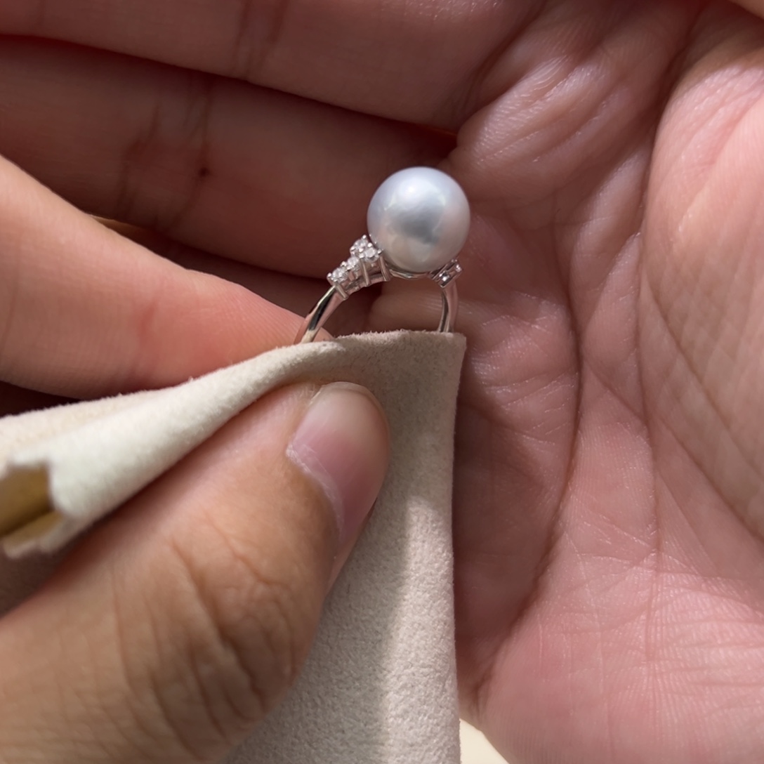 银S925镶嵌戒指海水珍珠9.4mm正圆海水澳白澳灰色戒指