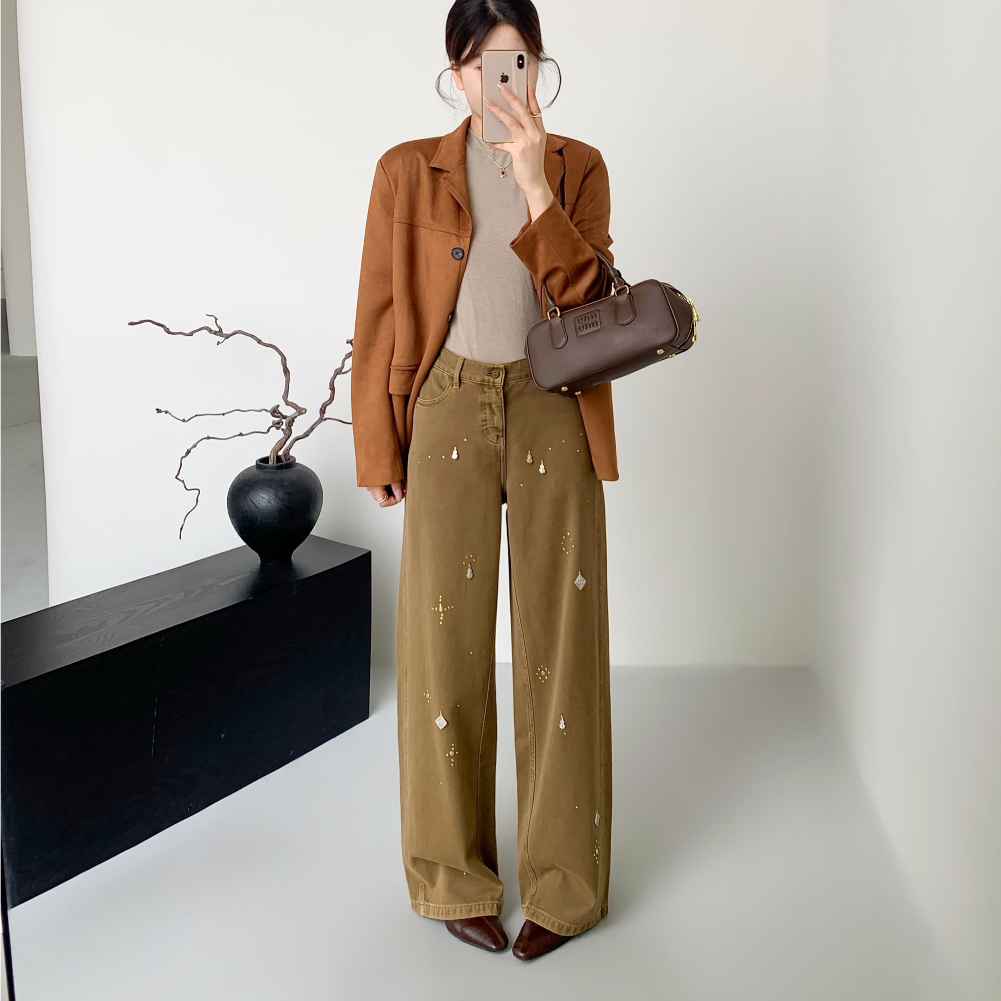 直筒裤时尚牛仔裤秋季休闲裤设计感加厚款秋冬季