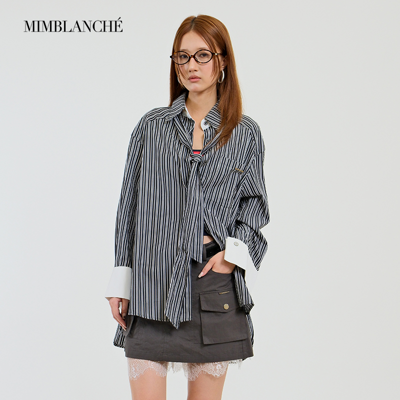 MIMBLANCHE领带条纹翻领休闲衬衫女