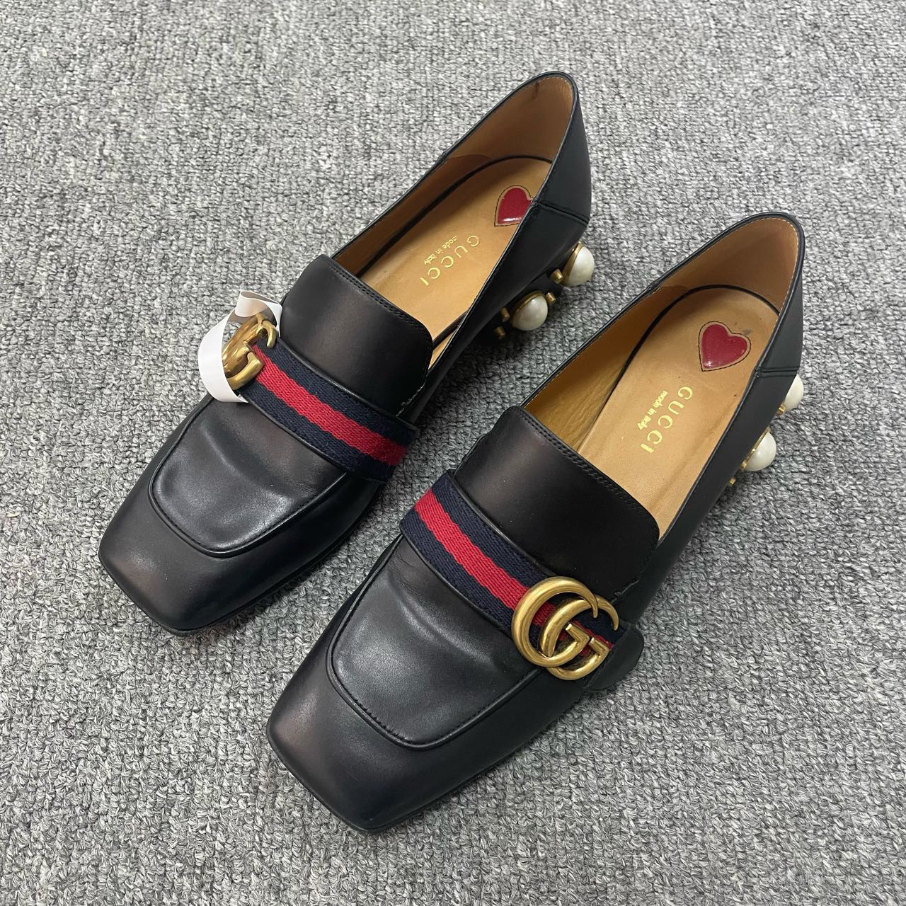 90新 GUCCI/古驰 双G系列珍珠与铆钉时尚乐福高跟鞋  37.5码/5762
