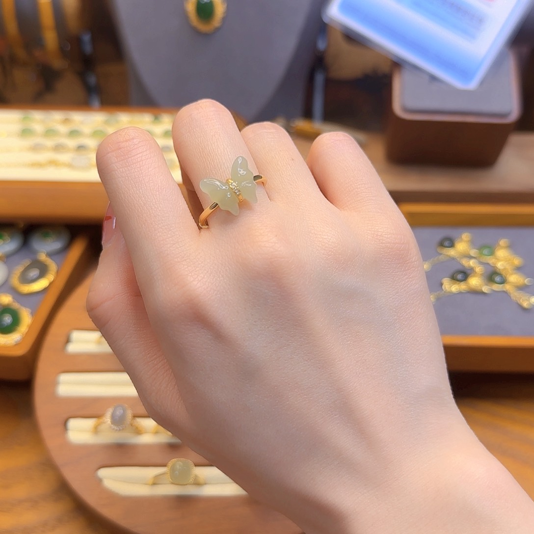 和田玉戒指银S925镀金镶嵌浅晴