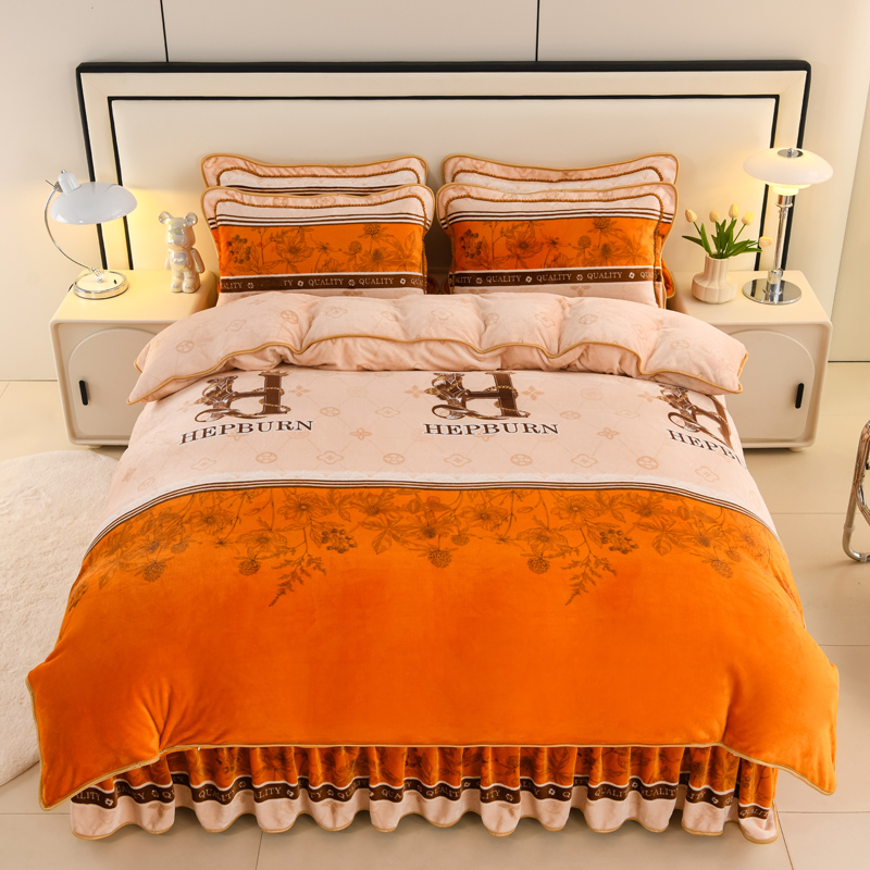 【木雅清风】冬季加厚印花牛奶绒绒四件套床上用品双面珊瑚绒床裙