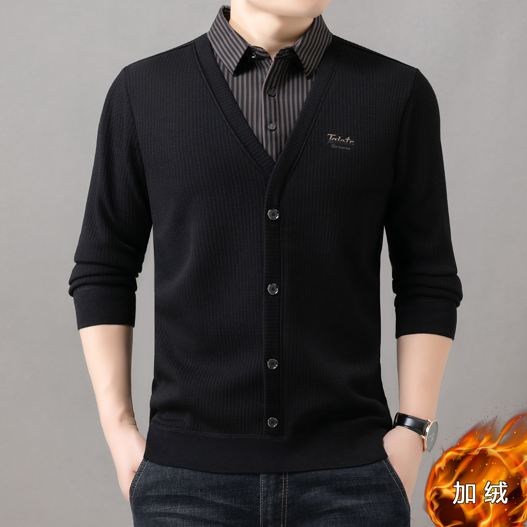 【6617】加绒小众款假两件T恤休闲商务百搭