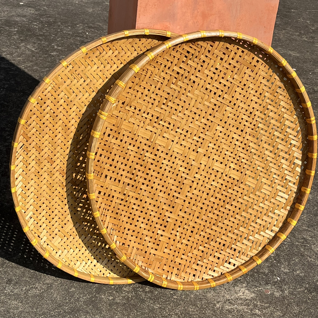 (50+50公分竹青有孔)二个手工烟熏圆形簸箕家用晾晒盘筛子