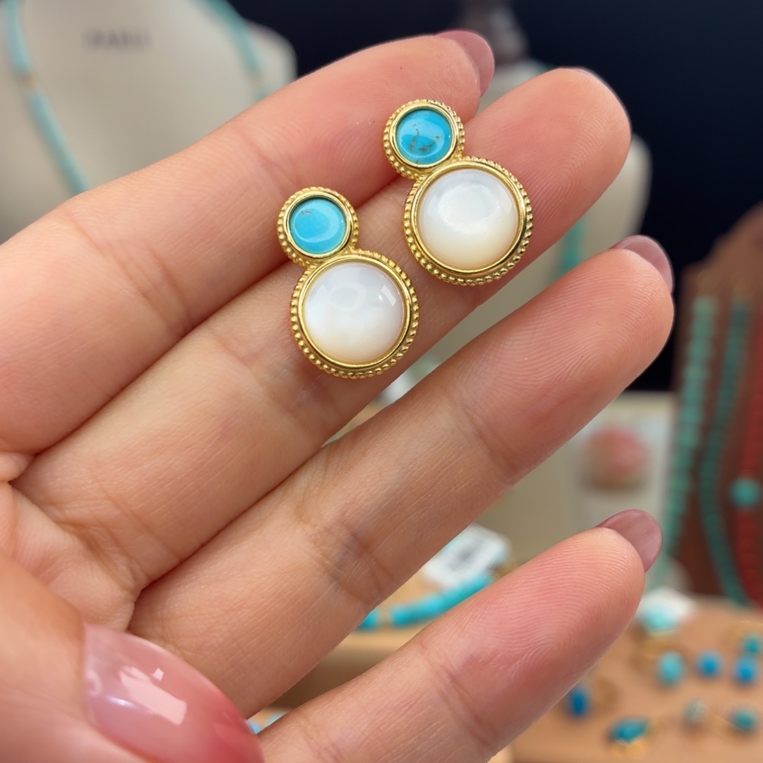 绿松石银S925镀金镶嵌耳饰