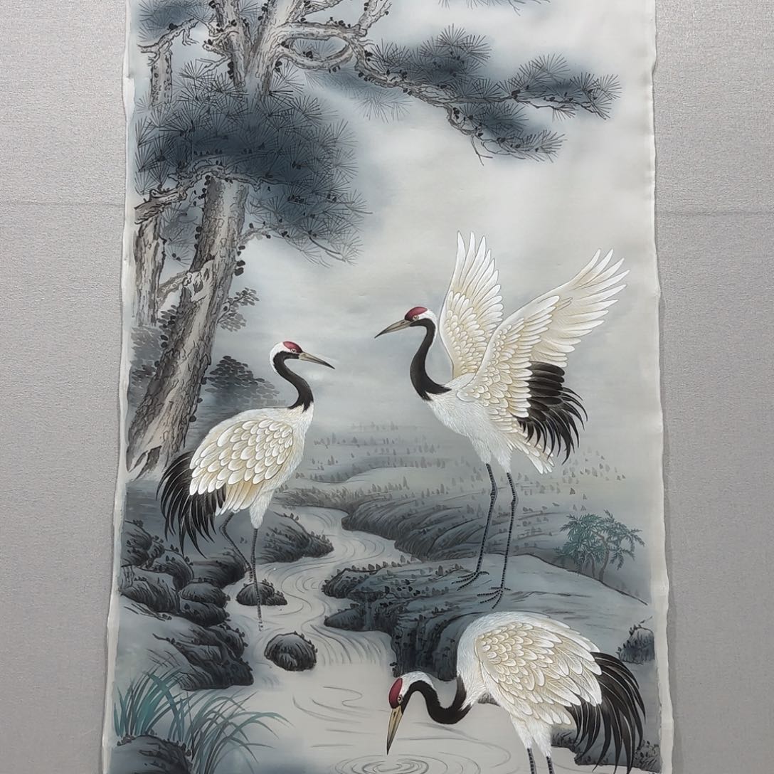 国画绢本工笔松鹤延年贾敏