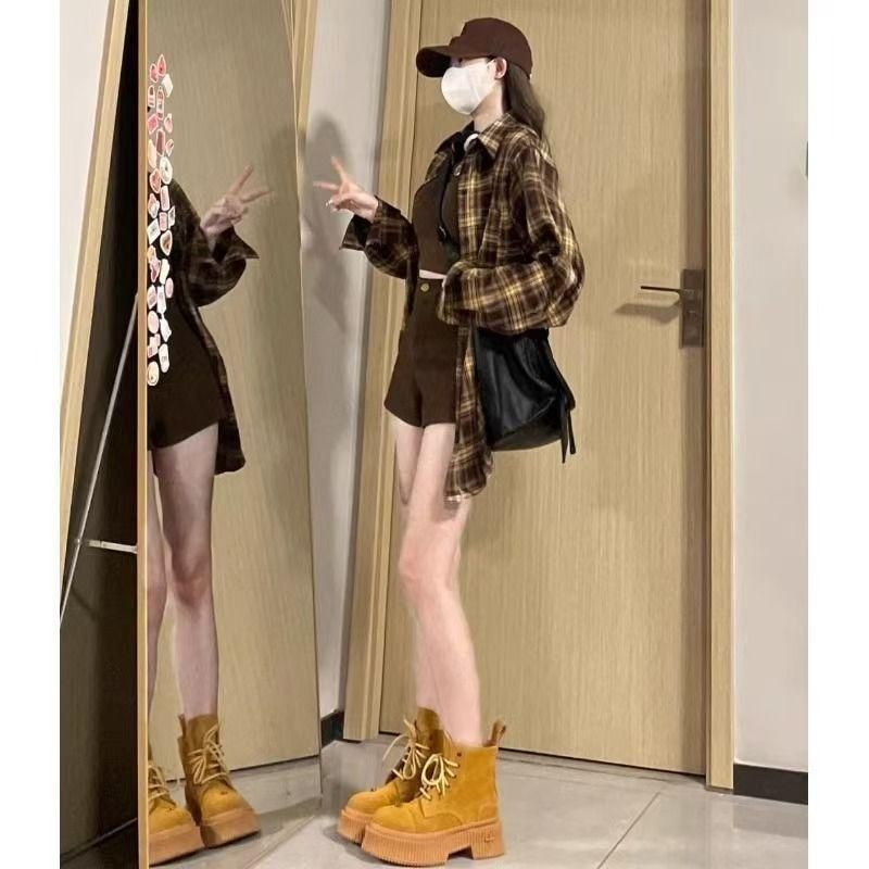 美式复古街头开衫格子衬衫女装夏季中长款ins潮流休闲外套上衣服