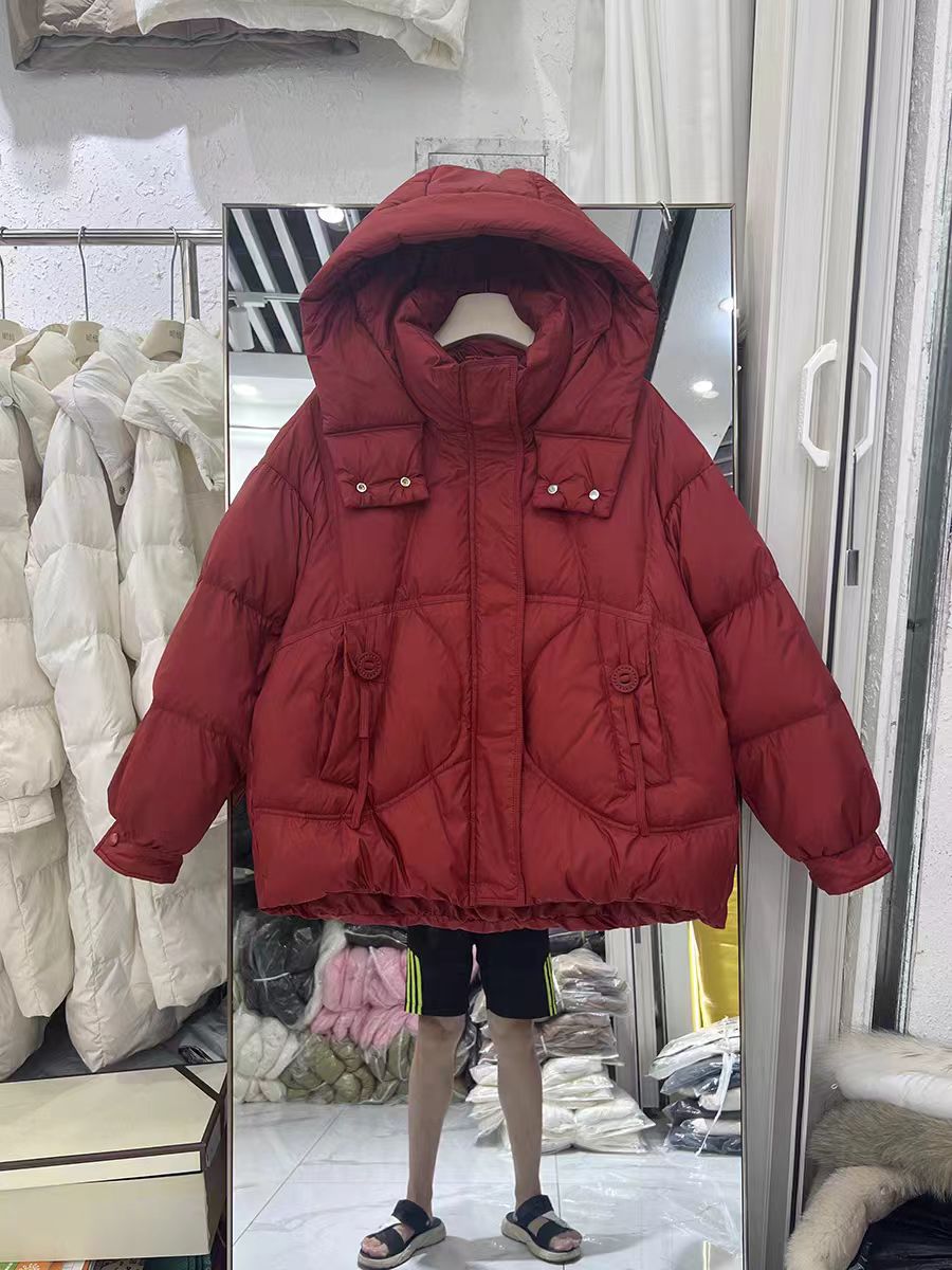 A03#2025秋冬圆扣飘带鹅绒服女短款连帽小个加厚宽松保暖外套