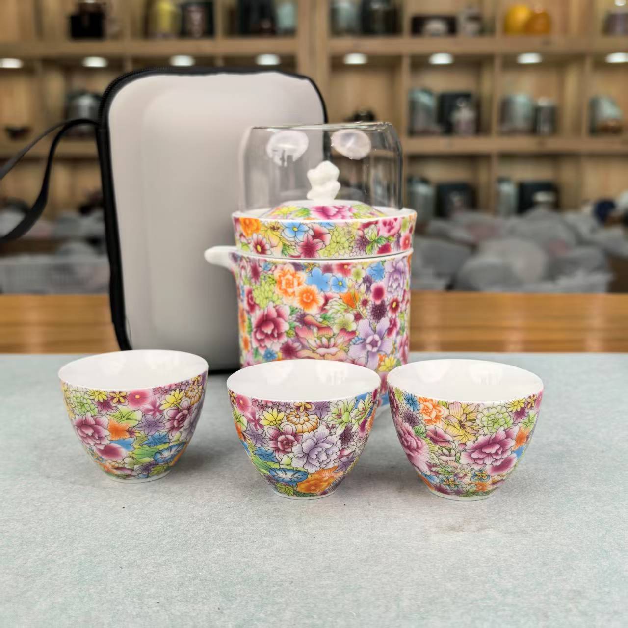 珐琅万花【玻璃盖】一壶3杯 C0960