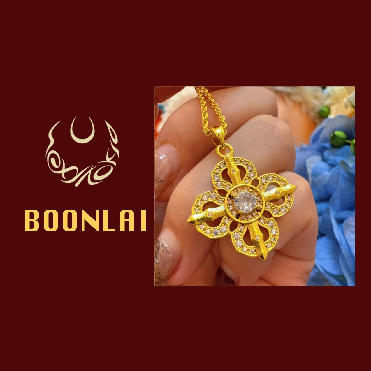 铜合金项链 Boonlai 镶钻镂空十字花金刚杵简约项链3114